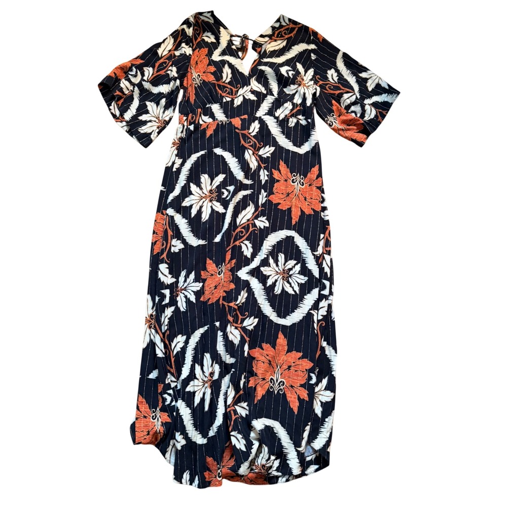 Zinzane Floral Lurex Maxi Dress Size Medium Navy Blue Orange Metallic Boho